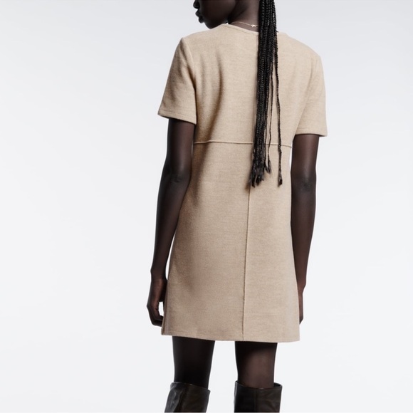 Zara Camel Mod Mini Dress Large Neutral Beige Shift Short Sleeve Retro Blogger - Picture 5 of 5